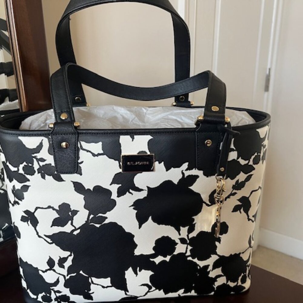 St. John Black & White Floral Tote Bag